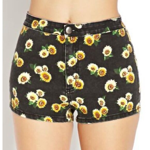 Forever 21 High Waisted 90's Inspired Black Denim Sunflower Shorts 12 - Picture 1 of 6